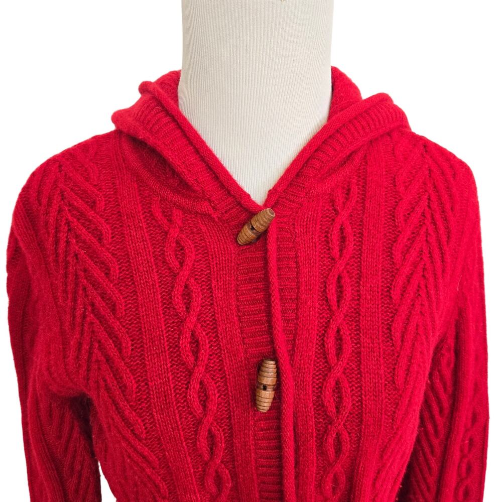 Vintage Lambswool Cable Knit Cardigan Wooden Toggle Hooded Women Large Petite
